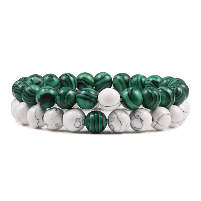 1 Set Natural Malachite And White Howlite Stone Couple Bracelets On Sale