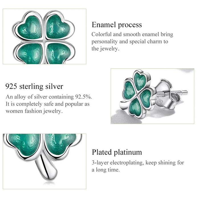 925 Sterling Silver Green Enamel Lucky Cloverleaf Earrings On Sale