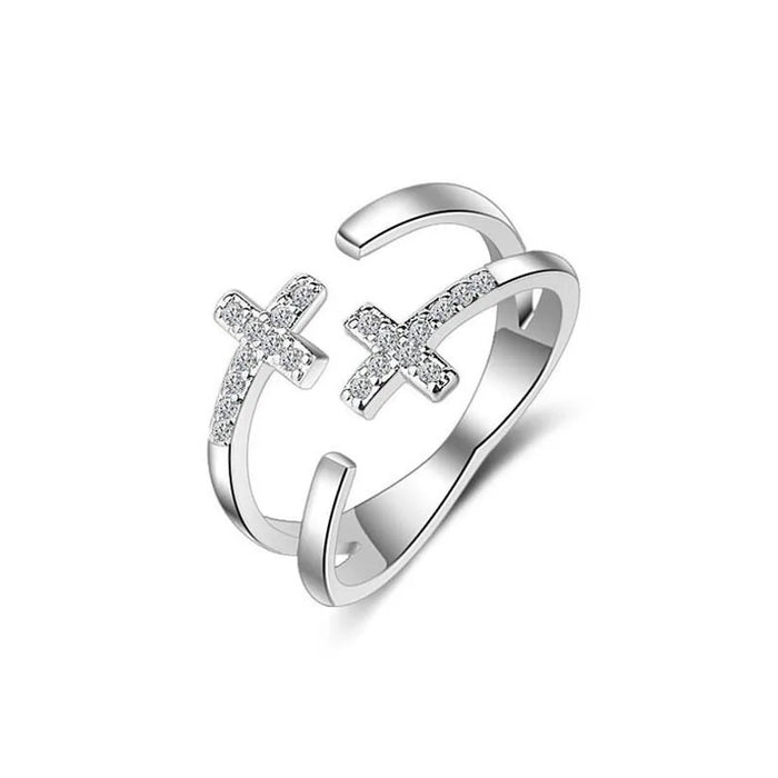 925 sterling silver adjustable double cross ring silver color on sale