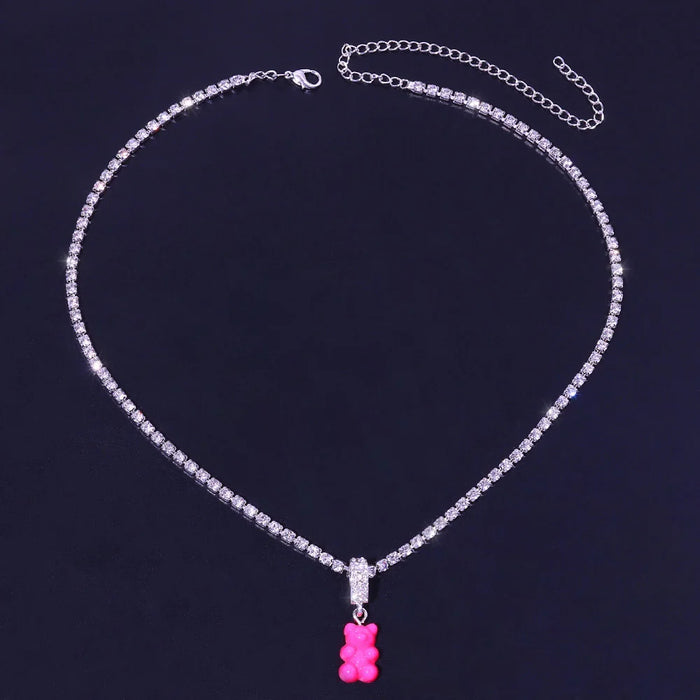 Pink Teddy Gummy Bear Pendant Crystal Rhinestone Tennis Chain Choker Necklace On Sale