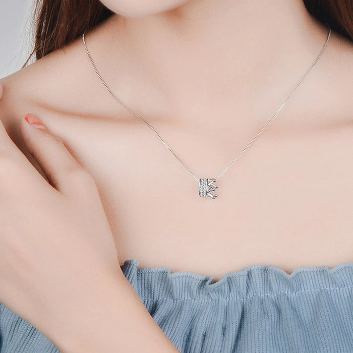925 Sterling Silver Round Rotatable Crown CZ Rhinestone Charm Pendant Necklaces On Sale