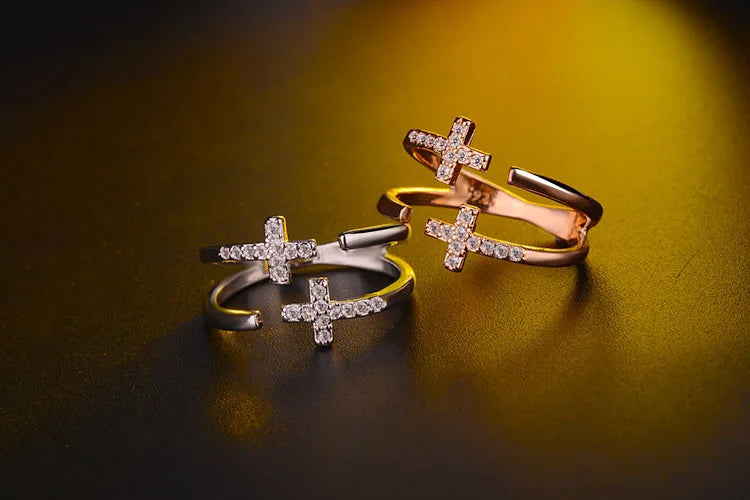 925 sterling silver adjustable double cross ring vintage gold color on sale