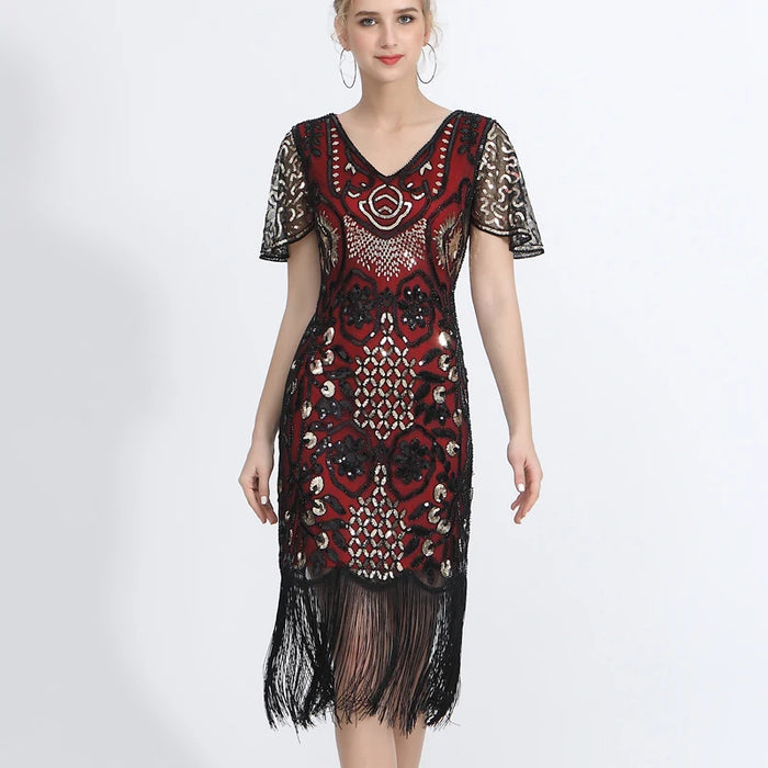 1920s Gatsby Style V-Neck Petal Sleeves Wine Red With Black Embroidery Sequin Fringe Flapper Midi Dress On Sale