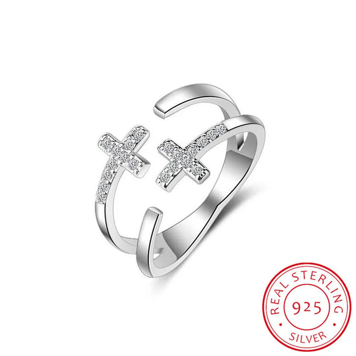 925 sterling silver adjustable double cross ring silver color on sale