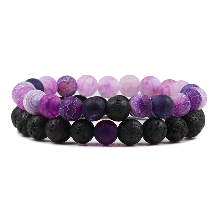 1 Set Purple Weathered Stone And Lava Stone Couple Bracelets On Sale