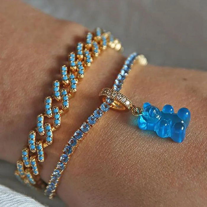 Blue Teddy Gummy Bear Crystal Rhinestone Tennis Chain Bracelet On Sale