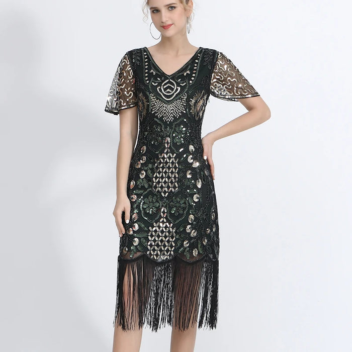 1920s Gatsby Style V-Neck Petal Sleeves Army Green Embroidery Sequin Fringe Flapper Midi Dress On Sale
