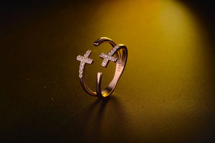 925 sterling silver adjustable double cross ring vintage gold color on sale