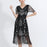 1920s Gatsby Style V-Neck Petal Sleeves Black With Silver Embroidery Sequin Fringe Flapper Midi Dress On Sale