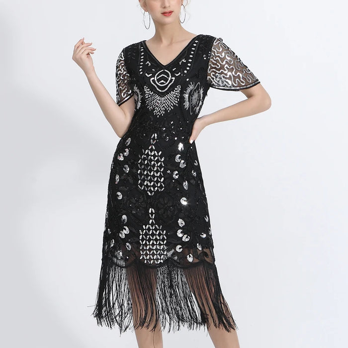 1920s Gatsby Style V-Neck Petal Sleeves Black With Silver Embroidery Sequin Fringe Flapper Midi Dress On Sale