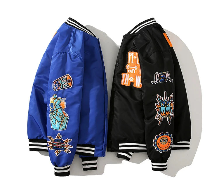Unisex Embroidered Varsity Jacket – Retro Pattern Patch Baseball Style Coat for Men and Women On Sale