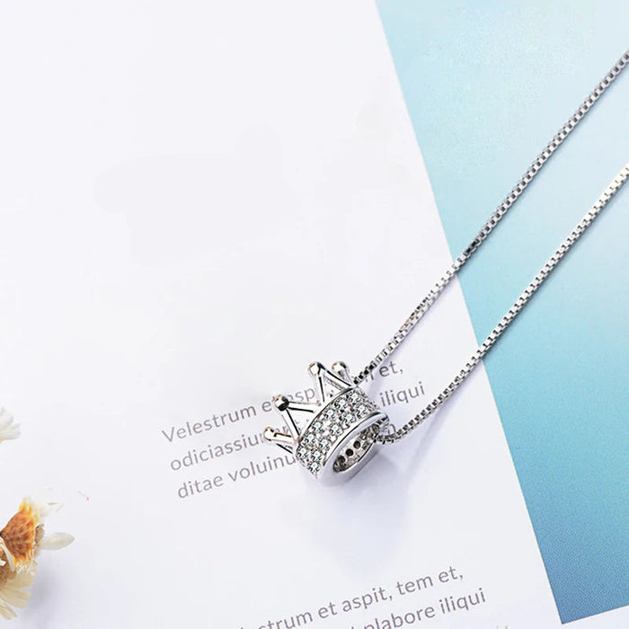 925 Sterling Silver Round Rotatable Crown CZ Rhinestone Charm Pendant Necklaces On Sale