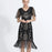 1920s Gatsby Style V-Neck Petal Sleeves Black With Gold Embroidery Sequin Fringe Flapper Midi Dress On Sale