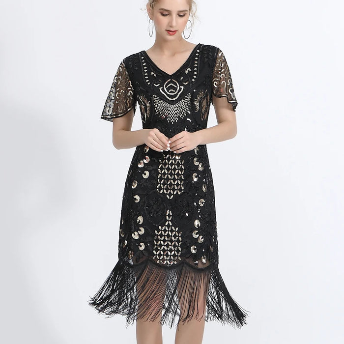 1920s Gatsby Style V-Neck Petal Sleeves Black With Gold Embroidery Sequin Fringe Flapper Midi Dress On Sale