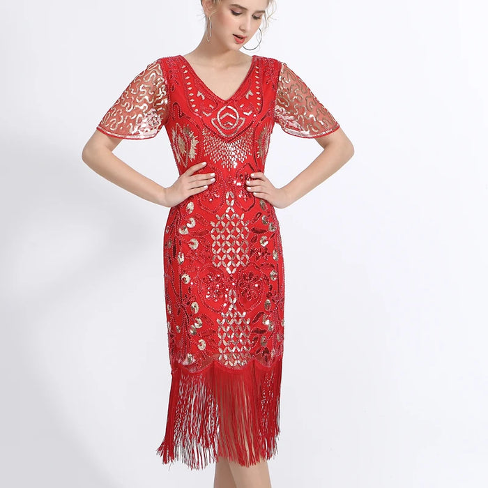 1920s Gatsby Style V-Neck Petal Sleeves Red Embroidery Sequin Fringe Flapper Midi Dress On Sale