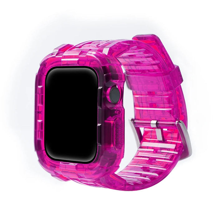 Hot Pink Silver Clear iWatch Case And Silicone Straps Sets For Apple Watch Band 38mm, 40mm, 41mm, 42mm, 44mm, 45mm On Sale