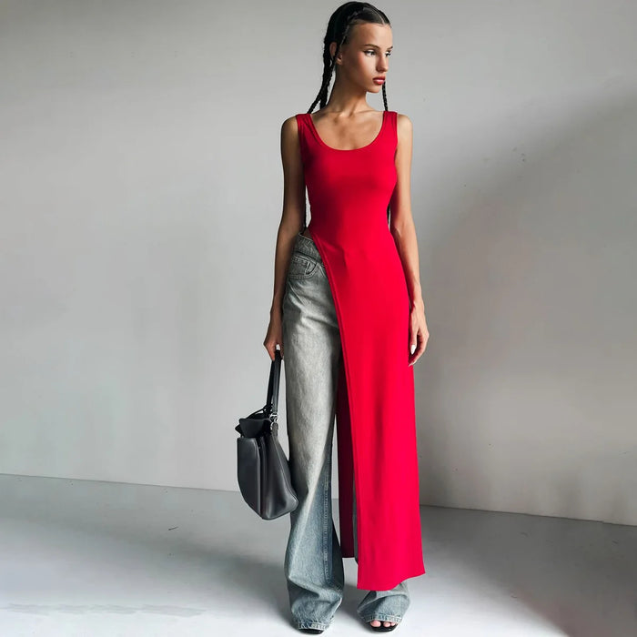 Women's Fitted High Irregular Side Slit Scoop Neck Tank Black Long Maxi Red Dress On Sale