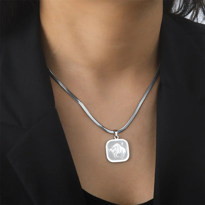 12 Constellation Zodiac Square Medallion Pendant Snake Chain Necklaces On Sale