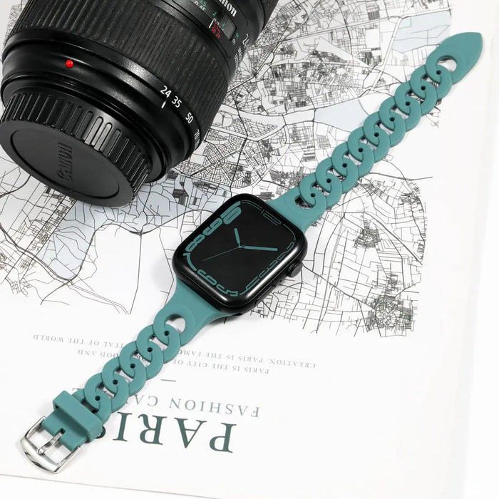 Pine Green O-Ring Silicone Chain Link Bracelets For Apple Watch Band 38mm, 40mm, 41mm, 42mm, 44mm, 45mm, 46mm, 49mm On Sale