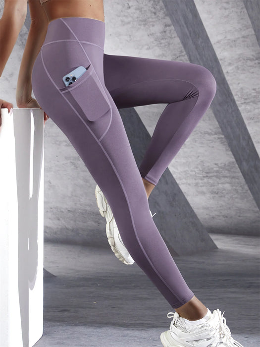 Purple Lightweight High Waisted Solid Color Yoga Leggings with Pockets On Sale