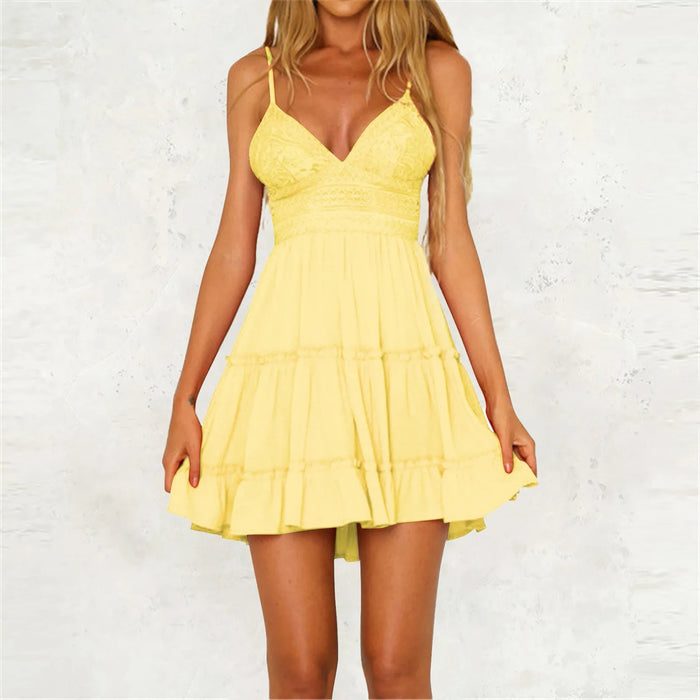 Yellow Spaghetti Strap Backless Lace Bowtie Dresses On Sale