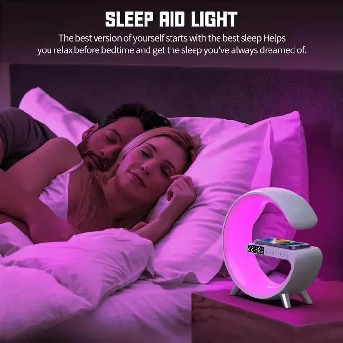 Smart Wireless Phone Charger with Bluetooth 5.0 Dual Speakers LED Alarm Clock and Atmosphere Night Light Lamp On Sale