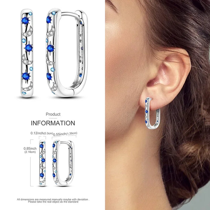 925 Sterling Silver Star Moon Rectangular Huggie Hoop Earrings With Zircon Accents On Sale