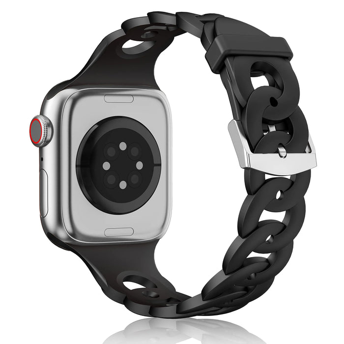 Black O-Ring Silicone Chain Link Bracelets For Apple Watch Band 38mm, 40mm, 41mm, 42mm, 44mm, 45mm, 46mm, 49mm On Sale