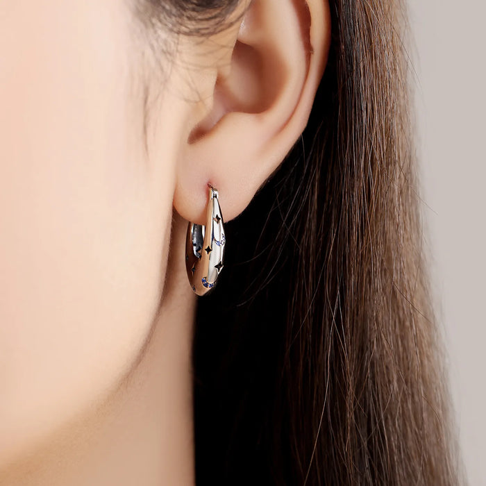 925 Sterling Silver Dreamy Celestial Elegance Star & Moon Hoop Earrings On Sale 