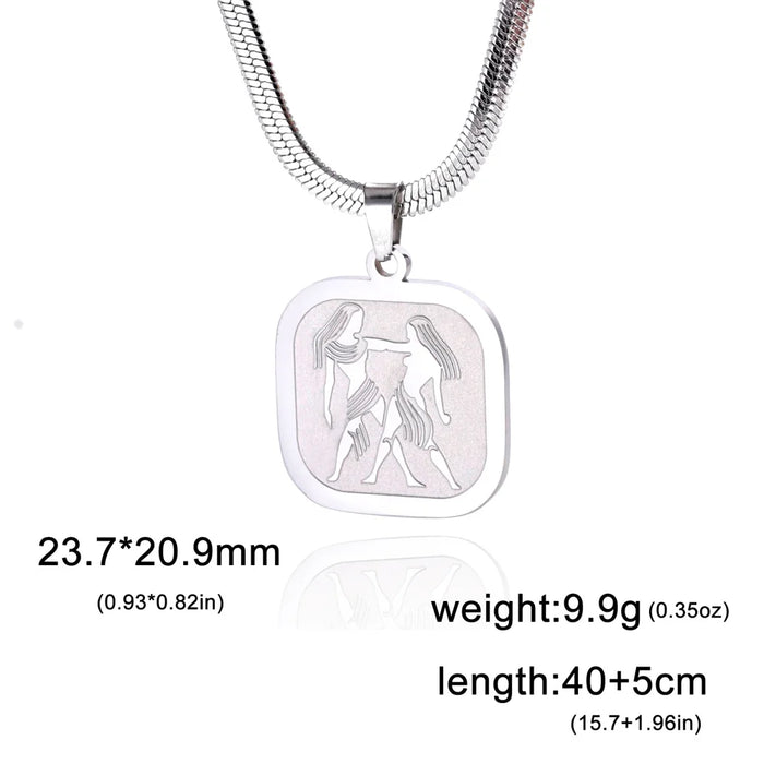 12 Constellation Gemini Zodiac Square Medallion Pendant Snake Chain Necklaces On Sale