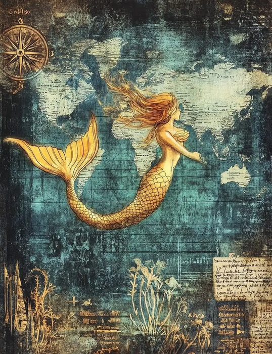 Mermaid Illustration Artwork - Vintage Marine Life Canvas Print Nautical Treasure Map Wall Decor Ocean Theme Poster On Sale