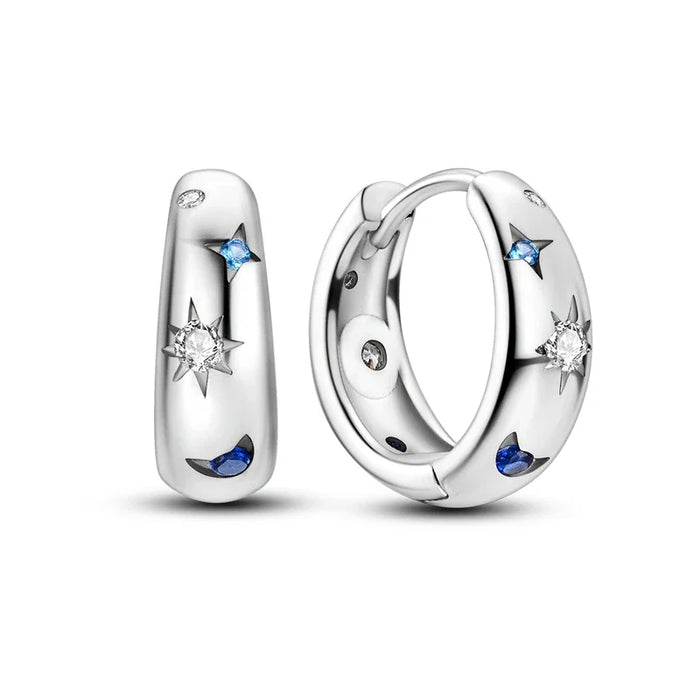 925 Sterling Silver Star Moon Round Huggie Hoop Earrings With Zircon Accents On Sale