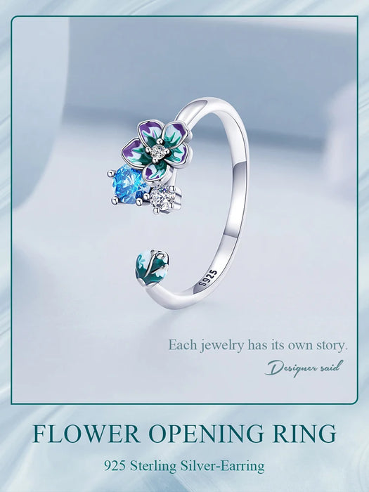 925 Sterling Silver Enamel Flower Adjustable Open Ring With Zircon On Sale