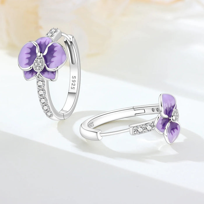 925 Sterling Silver Floral Design Hoop Earrings - Purple Enamel Butterfly Orchid On Sale