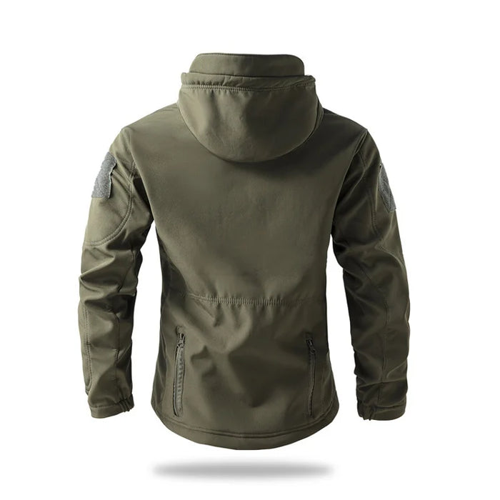 Army Green Men’s Waterproof Softshell Jacket with Fleece Lining – Hooded Outdoor Coat On Sale