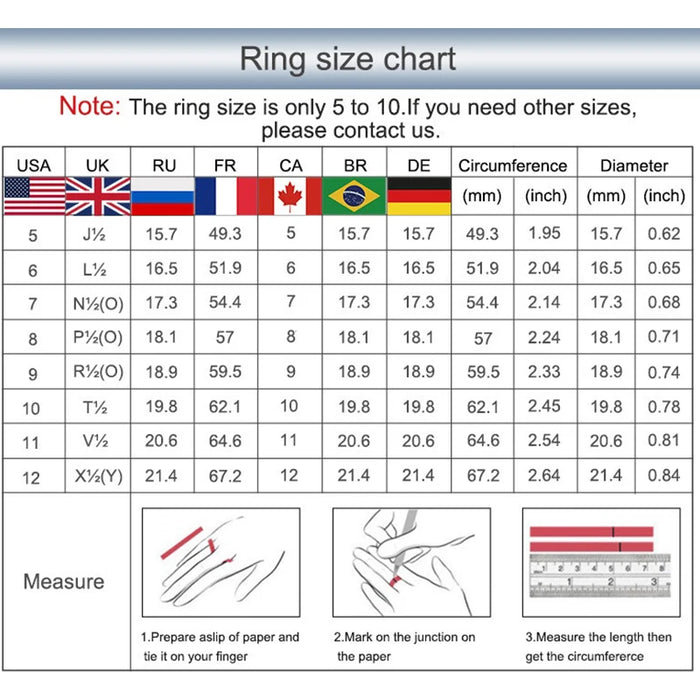 Size Chart: 925 Sterling Silver 18K White Gold Plated Moissanite Diamond Rings