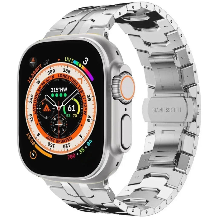 Silver Stainless Steel Luxury Iron Man Style Watch Band For Apple iWatch 49mm, 46mm, 45mm, 44mm, 42mm, 41mm, Ultra 2 On Sale