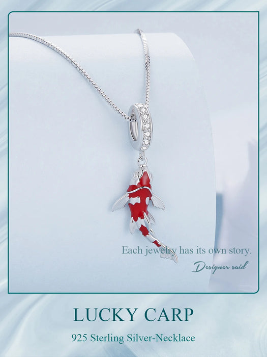 925 Sterling Silver Plated White Gold Lucky Red Koi Fish Charm Necklace On Sale