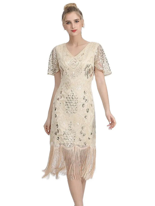 1920s Gatsby Style V-Neck Petal Sleeves Embroidery Sequin Fringe Flapper Midi Dress On Sale