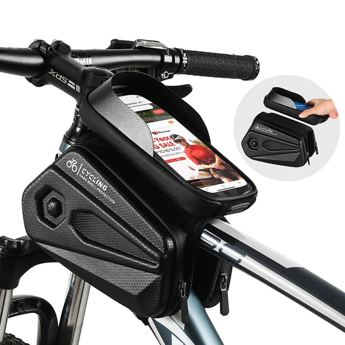 Black Hard Shell Bike Frame Bag With Phone Holder Waterproof Cycling Top Tube Bag for Bikes & Scooters On Sale
