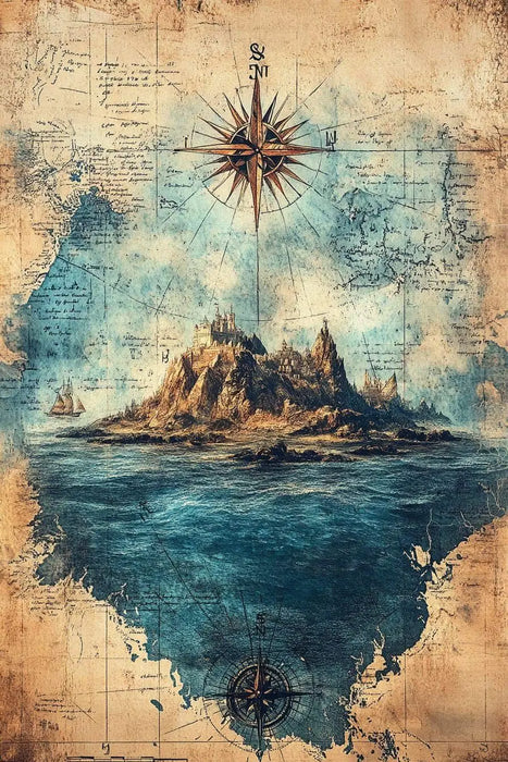 Vintage Marine Life Canvas Print Nautical Treasure Map Wall Decor Ocean Theme Poster On Sale