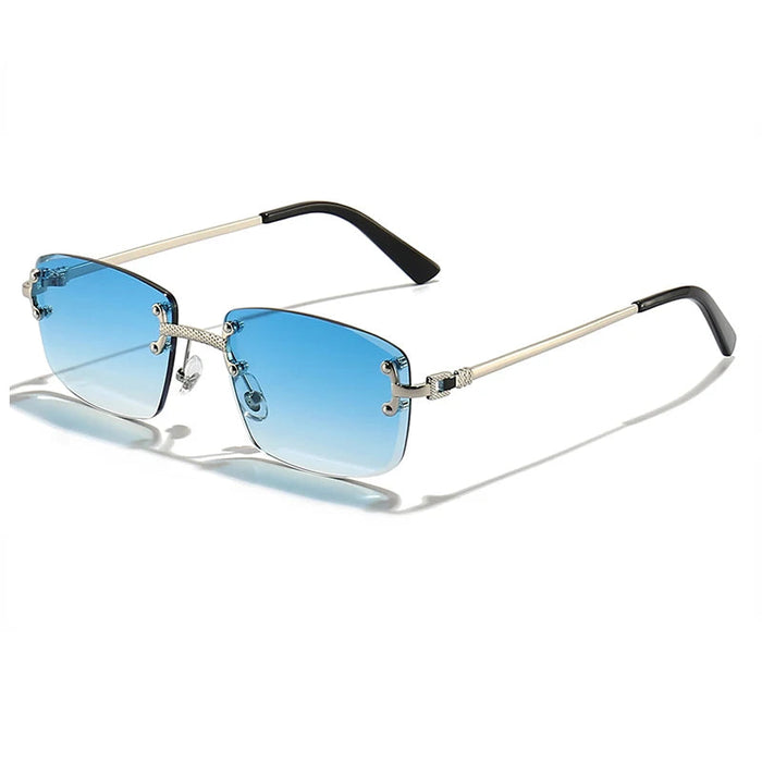 Silver Sky Blue Classic Rectangular Rimless Sunglasses On Sale