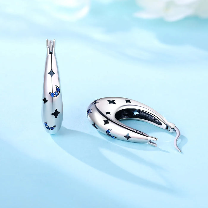 925 Sterling Silver Dreamy Celestial Elegance Star & Moon Hoop Earrings On Sale 
