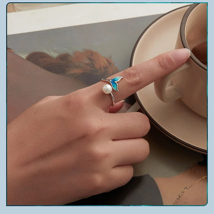 925 Sterling Silver Enamel Mermaid Tail And Pearl Adjustable Ring On Sale