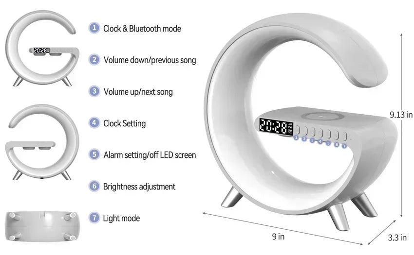 Smart Wireless Phone Charger with Bluetooth 5.0 Dual Speakers LED Alarm Clock and Atmosphere Night Light Lamp On Sale