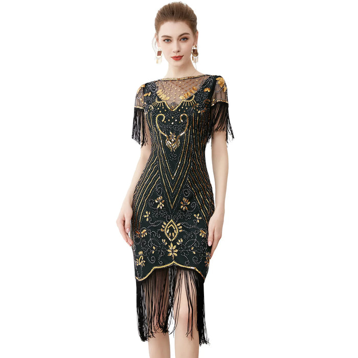 1920s Vintage Gatsby Style Green Semi-Sheer Lace Sleeve Sequin Fringed Flapper Cocktail Party Dresses On Sale