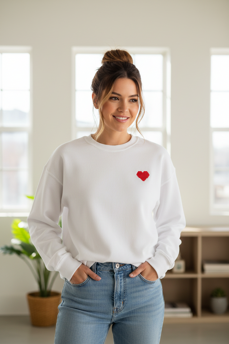 White Unisex Embroidered Letter A Sweatshirt Casual Round Neck Cotton Blend Pullover Top On Sale