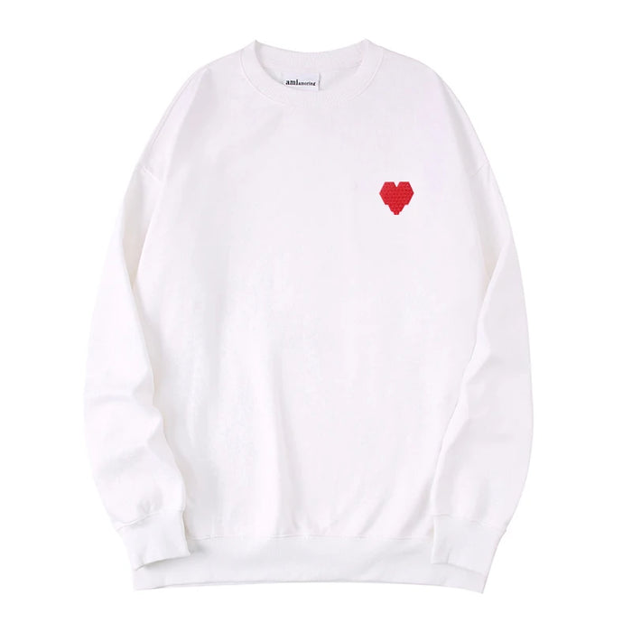 White Unisex Embroidered Red Heart Sweatshirt Casual Round Neck Cotton Blend Pullover Top On Sale