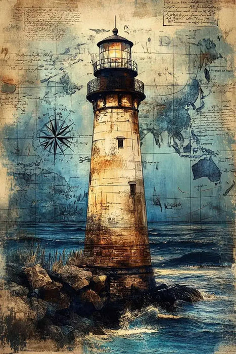 Lighthouse Scene - Vintage Marine Life Canvas Print Nautical Treasure Map Wall Decor Ocean Theme Poster On Sale