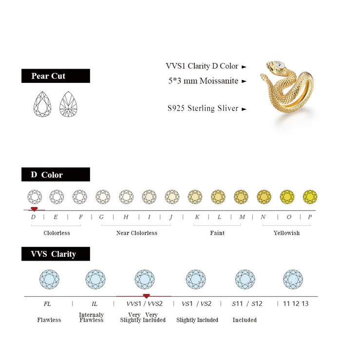 D Color Pear Cut Moissanite Diamond S925 Silver Cocktail Snake Ring On Sale